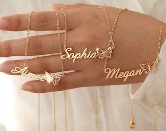 Collana personalizzata con nome a forma di farfalla, gioiello personalizzato con scritta dorata