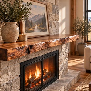 May include: A live edge wooden fireplace mantel with a dark, polished finish and natural wood grain texture, mounted above a stone fireplace with a glass-enclosed fire, a ceramic vase, and a framed landscape painting of mountains.