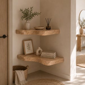 Könnte beinhalten: Zwei helle Eckregale aus Holz mit natürlicher Baumkante, die an einer Wand montiert sind. Das obere Regal enthält eine Keramikvase mit Grünpflanzen, eine flache Schale und einen Duftdiffusor. Das untere Regal trägt einen Bilderrahmen, eine Vase und Bücher.