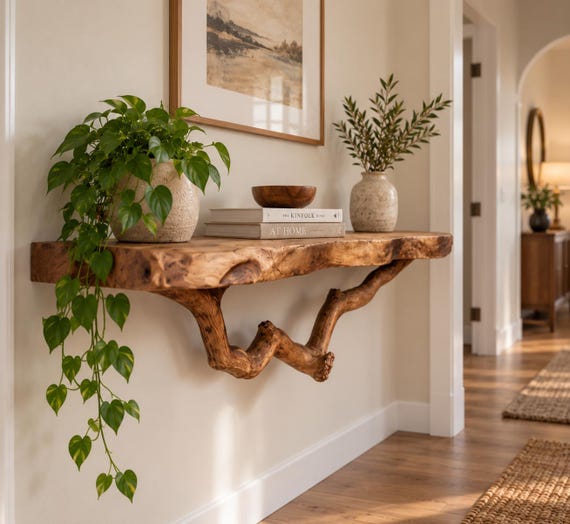 A live-edge solid walnut floating shelf where the raw, organic wood edge IS the design — each one is genuinely one-of-a-kind and doubles as sculptural wall art.