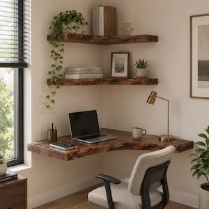 Peut inclure: Un bureau d'angle et deux étagères murales assorties en bois brun foncé avec un bord naturel. La surface du bureau contient un ordinateur portable, un carnet, un porte-stylo, une tasse et une lampe en laiton. Les étagères portent des livres, un cadre photo et une plante.
