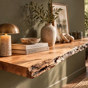Peut inclure: Une étagère flottante en bois à bord brut avec une écorce naturelle, supportant une lampe dôme en laiton sur socle en pierre, un bol en pierre, deux livres intitulés The Kinfolk Home et At Home, un vase en céramique texturé, un nœud et une boîte.
