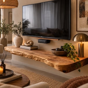 Könnte beinhalten: Ein wandmontiertes, schwebendes Regal aus einer dicken Naturholzplatte mit Baumkante. Das Regal trägt einen Flachbildfernseher, eine schwarze Soundbar, Bücher, einen dekorativen Holzknoten, eine dunkle Schale und eine grüne Pflanze.