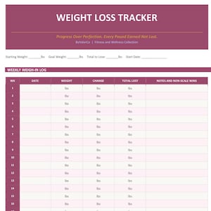 May include: A maroon and white weight loss tracker printable sheet with the title WEIGHT LOSS TRACKER. It includes fields for starting weight, goal weight, total to lose, and start date, plus a weekly weigh-in log table with columns for date, weight, change, total lost, and notes.