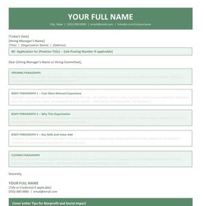 May include: A professional cover letter template featuring a dark green header and footer with white text. The document includes placeholders for contact information, date, recipient details, and structured sections for opening, body paragraphs, and closing.