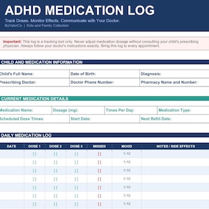 May include: A white ADHD medication log document with blue headers. It includes sections for child and medication information, current medication details, and a daily log table with columns for date, dose, missed doses, mood, and notes or side effects.