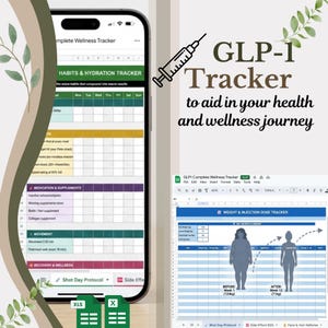 Puede incluir: Un rastreador de bienestar digital en un teléfono inteligente y una pantalla de computadora. El rastreador incluye secciones para hábitos, medicamentos, movimiento y recuperación. El texto de la imagen dice: "GLP-1 Tracker para ayudarlo en su viaje de salud y bienestar."