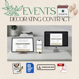 Puede incluir: Una plantilla digital de contrato de decoración de eventos mostrada en una tableta, un teléfono inteligente y una computadora de escritorio. Las pantallas muestran un documento Wedding & Luxury Event Decorator Bundle. Se incluyen iconos de contrato, Word, PDF y un botón de descarga.