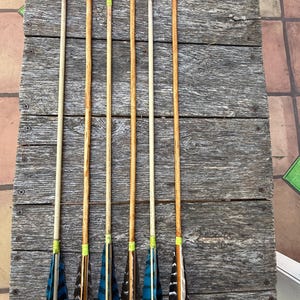 May include: Six handcrafted arrows with metal arrowheads and feathered fletching. The wooden shafts vary in color, with blue and brown feathers. The arrows are arranged on a weathered wooden surface.