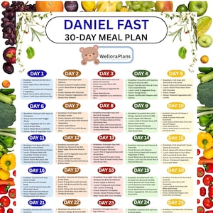 May include: A 30-day Daniel Fast meal plan chart featuring a grid of daily nutritional schedules. The document includes the title Daniel Fast 30-Day Meal Plan, a bear logo with the text WelloraPlans, and lists of breakfast, lunch, and dinner options.