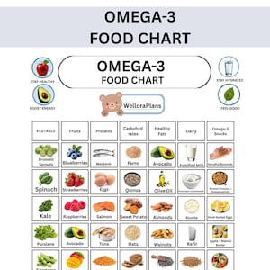 May include: An Omega-3 Food Chart featuring a grid of various food items categorized by vegetables, fruits, proteins, carbohydrates, healthy fats, dairy, and snacks. The chart includes text labels for each item, a WelloraPlans logo with a bear icon, and icons for health, energy, hydration, and feeling good.