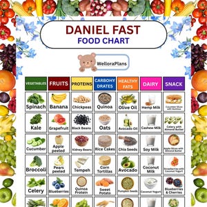 May include: A Daniel Fast food chart featuring a grid of food categories including vegetables, fruits, proteins, carbohydrates, healthy fats, dairy, and snacks. The chart includes a bear logo, the text WelloraPlans, and various food illustrations.