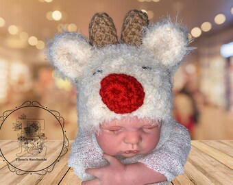 Soft and fuzzy Reindeer Crochet hat , photography prop, 0 to 3 month,crochet hat