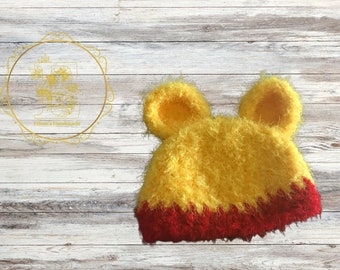 Crochet Fuzzy Soft Pooh inspired Bear  Hat, photography prop,crochet hat