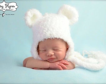 Crochet Fuzzy Soft Polar Bear  Hat, photography prop, 0 to 3 months, crochet hat