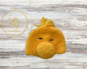 Soft and fuzzy, yellow bird hat, crocheted, newborn photo shoot