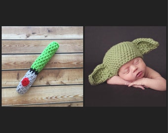 Inspired  Green  Light Saber And Yoda inspired  hat , hat crochet