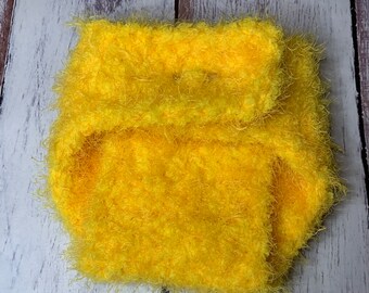 Soft and fuzzy, yellow diaper cover with wooden button, photography prop, 0 to 3 months