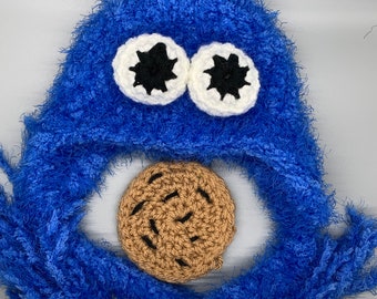 Blue soft and fuzzy monster with cookie  Hat, photography prop, crochet hat, 0 to 3 months