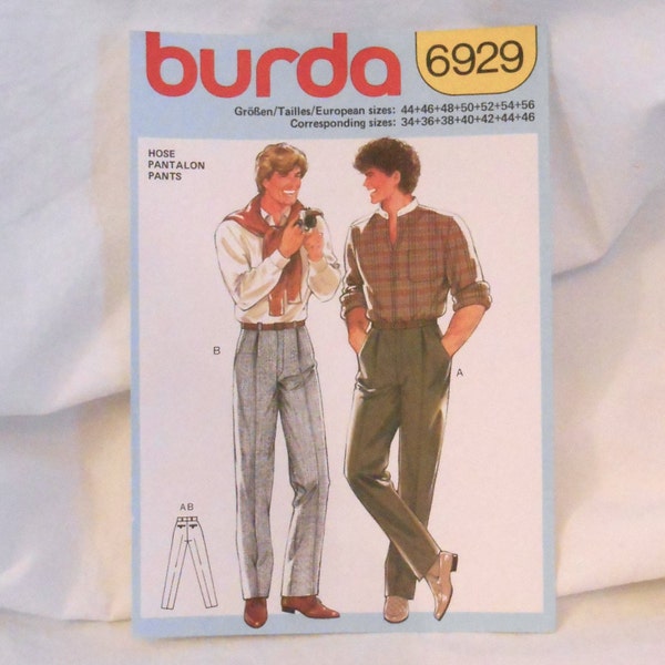 Burda 6929, Vintage Mens' Trousers / Pants Pattern, 1980s, Single Pleat, Welt Pockets in Back, Sizes 30 through 41 waist  (44 - 56 European)