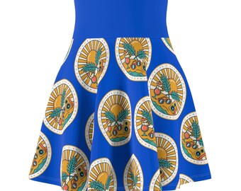 Tropical Sunset Skull Skater Skirt | Blue palm beach pattern