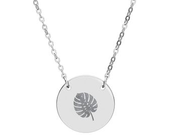 Monstera Leaf Circle Necklace | Engraved Disc Pendant