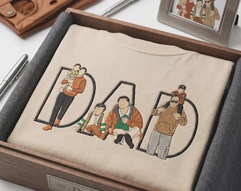 Embroidered Custom Portrait from Photo Shirt, Personalized Dad and Kids Photo T-shirt with Name, Fathers Day Gift, Dad Birthday Gift for him