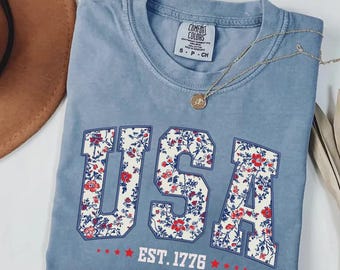 Comfort Colors Floral USA Shirt, USA Est 1776 Shirt, Girly 4th of July Shirt, Patriotic Women Shirt, American Girl Shirt, Flower USA Shirt