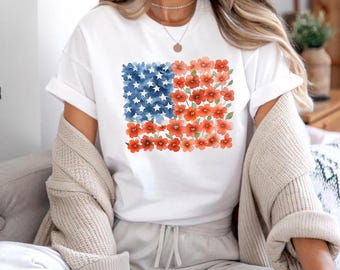 4th of July Floral Shirt Flag, Floral American Flag Shirt, Patriotic Flower T-Shirt, Red Poppy Flag Shirt, Women's Independence Day Gift