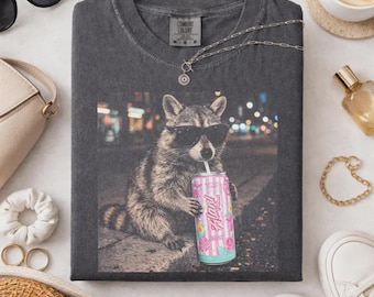 Raccoon Cotton Candy Drink Graphic Tee, Fun Animal Lover Shirt