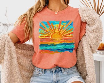 Bella Canvas Cute Summer Sunset Shirt, Retro Beach Graphic Tee, Trendy Vacation Outfit Top, Aesthetic Coastal Tee, Gift for Her