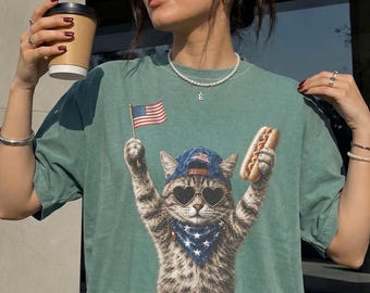 Comfort Colors Shirt, Patriotic Cat Shirt, Cat Lover Gift, 4th Of July Shirt, America Tee, Independence Day Graphic