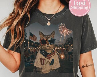 Comfort Colors Funny Patriotic Cat T Shirt - Vintage Fourth of July Tee, American Cat Graphic, Independence Day Shirt