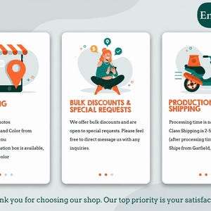 Puede incluir: Tres paneles informativos blancos con texto y gr&aacute;ficos en naranja. El primero muestra un smartphone y un pin de ubicaci&oacute;n para pedidos. El segundo muestra a una persona usando un dispositivo para descuentos. El tercero muestra un scooter para env&iacute;os.