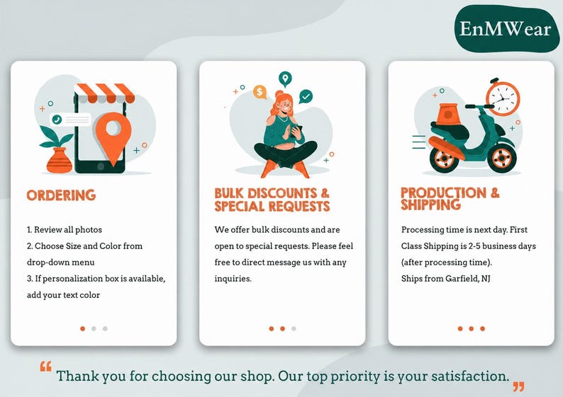 Puede incluir: Tres paneles informativos blancos con texto y gr&aacute;ficos en naranja. El primero muestra un smartphone y un pin de ubicaci&oacute;n para pedidos. El segundo muestra a una persona usando un dispositivo para descuentos. El tercero muestra un scooter para env&iacute;os.