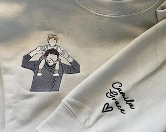 Custom Embroidered Family Portrait Sweatshirt - First Fathers Day Gift For New Dad - Personalized Stitched Photo
