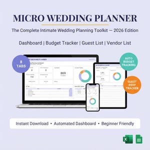 Kalkylblad för mikrobröllopsplanerare, budgetspårning för små bröllop, checklista för gästlista, Google Sheets i Excel för intimt bröllop
