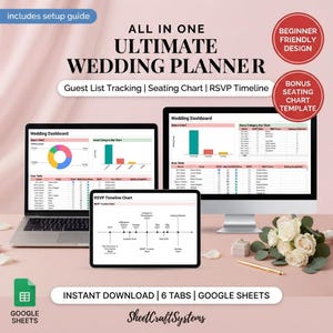 Może przedstawiać: Cyfrowy szablon planera ślubnego typu wszystko w jednym dla Google Sheets wyświetlany na laptopie, monitorze stacjonarnym i tablecie. Ekrany pokazują pulpit nawigacyjny ślubu, śledzenie listy gości, plany miejsc i wykres osi czasu.