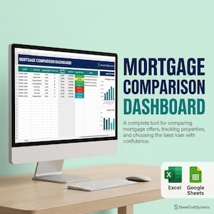 May include: A computer monitor displaying a Mortgage Comparison Dashboard spreadsheet with columns for lender, loan type, interest rate, and approval status, alongside text reading Mortgage Comparison Dashboard and icons for Excel and Google Sheets.