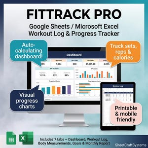 May include: FITTRACK PRO Google Sheets and Microsoft Excel workout log and progress tracker. The display shows a dashboard with KPI cards, bar charts, and a workout log. Text bubbles highlight auto-calculating features, tracking capabilities, and mobile compatibility.
