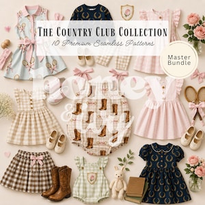 Può includere: Una collezione di abbigliamento e accessori per bambini, tra cui vestiti, gonne e tutine. Gli articoli presentano motivi come racchette da tennis, stivali da cowboy e quadri. La tavolozza dei colori comprende pastelli, marroni e blu navy. Il testo "The Country Club Collection" è visualizzato.