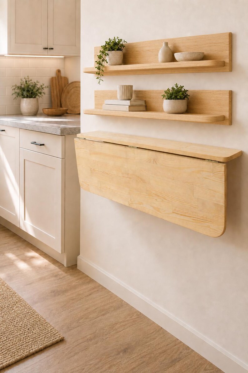 May include: A light-colored wooden wall-mounted drop-leaf table with rounded edges, positioned below two matching wooden floating shelves. The shelves hold small potted green plants, a ceramic vase, a small bowl, and two stacked books.