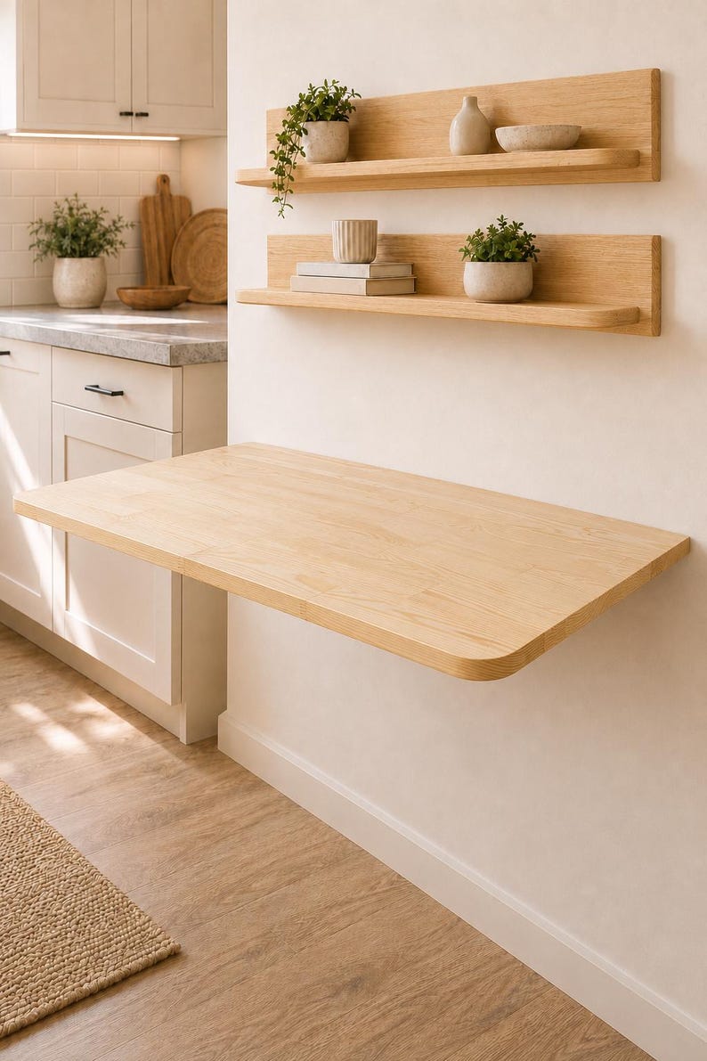 May include: A light-colored wooden wall-mounted drop-leaf table attached to a wall below two matching wooden floating shelves. The shelves hold small potted plants, a ceramic vase, a small bowl, and a stack of two books with a ribbed cup on top.