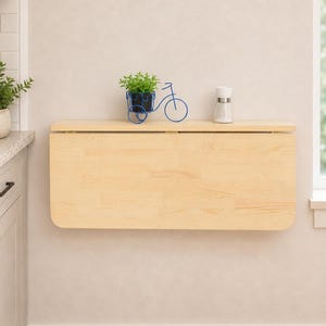 May include: A light-colored wooden wall-mounted drop-leaf table with rounded corners. The table is folded down against the wall. On top of the table sits a blue wire bicycle-shaped plant holder with a green plant and a clear glass salt shaker.
