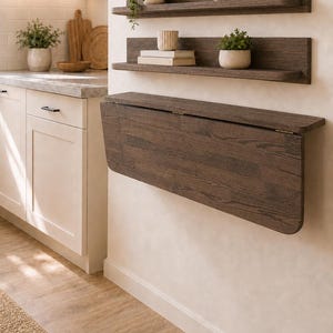May include: A wall-mounted dark wood drop-leaf table positioned below two matching floating shelves. The shelves hold small potted green plants, a ceramic vase, a shallow bowl, and two stacked books, all featuring a wood grain finish.
