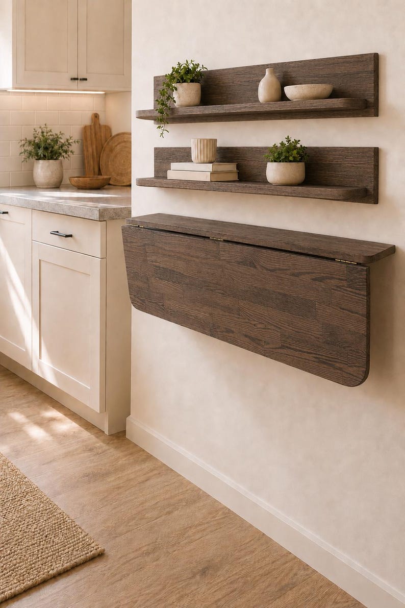 May include: A wall-mounted dark wood drop-leaf table positioned below two matching floating shelves. The shelves hold small potted green plants, a ceramic vase, a shallow bowl, and two stacked books, all featuring a wood grain finish.