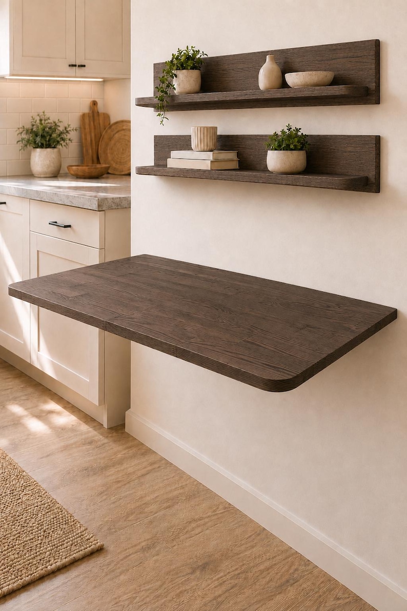 May include: A dark brown wood-grain wall-mounted floating desk with rounded corners, positioned below two matching horizontal wall shelves. The shelves hold small potted green plants, a white ceramic vase, a bowl, and two stacked books.