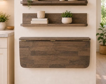Solid Pine Wall Mounted Folding Table with Shelves, Space Saving Dining Desk