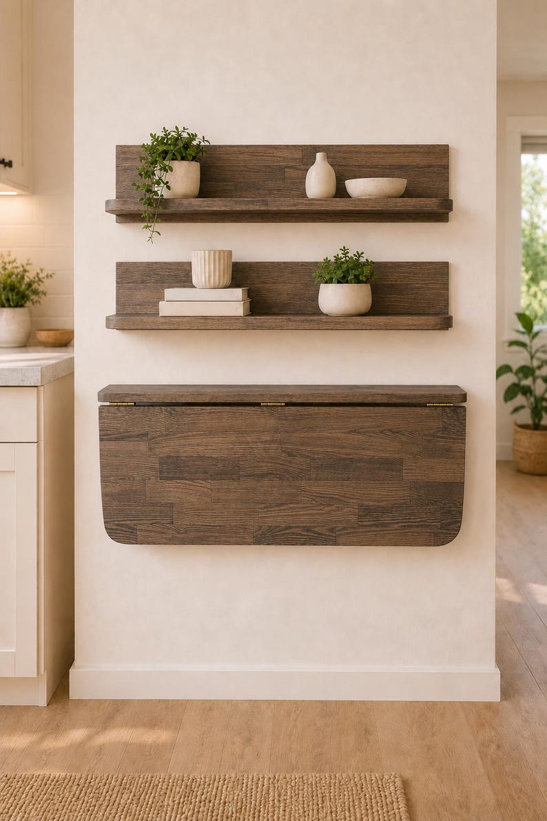 May include: Two horizontal dark wood wall shelves with back panels and a foldable dark wood wall-mounted table underneath. The shelves hold small potted green plants, a white vase, a white bowl, a ribbed cup, and two stacked books.