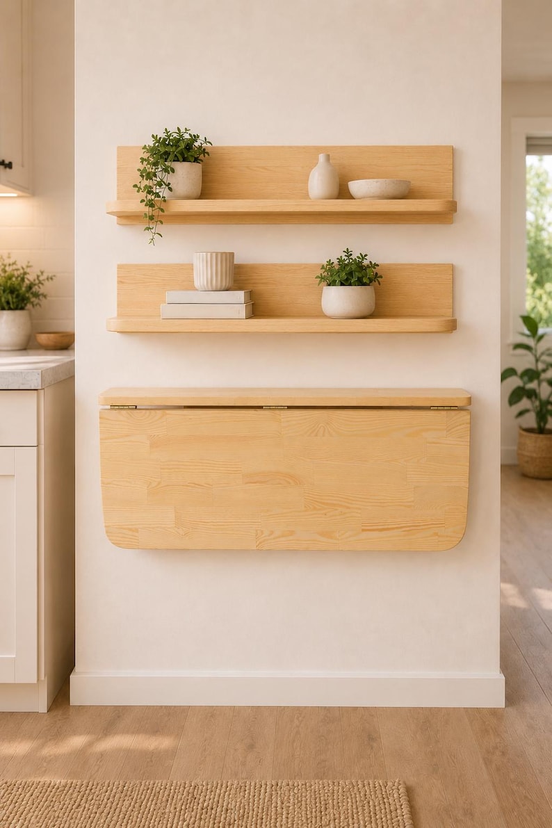 May include: Two light-colored wooden wall shelves with rounded edges and a matching wall-mounted folding table positioned below. The shelves hold small potted plants, a white vase, a white bowl, and two stacked books with white covers.